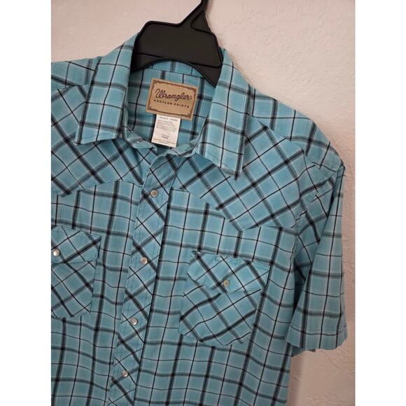 Wrangler Western Men's Pearl Snap Button Down Shirt Size Large Blue Plaid - Picture 2 of 8